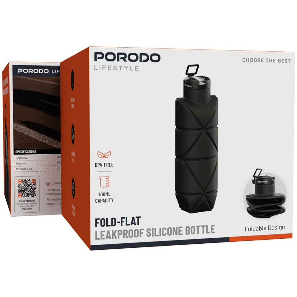 PORODO LIFESTYLE FOLD FLAT LEAKPROOF SILICONE BOTTLE BLACK PDLJ1026BK thumbnail 2