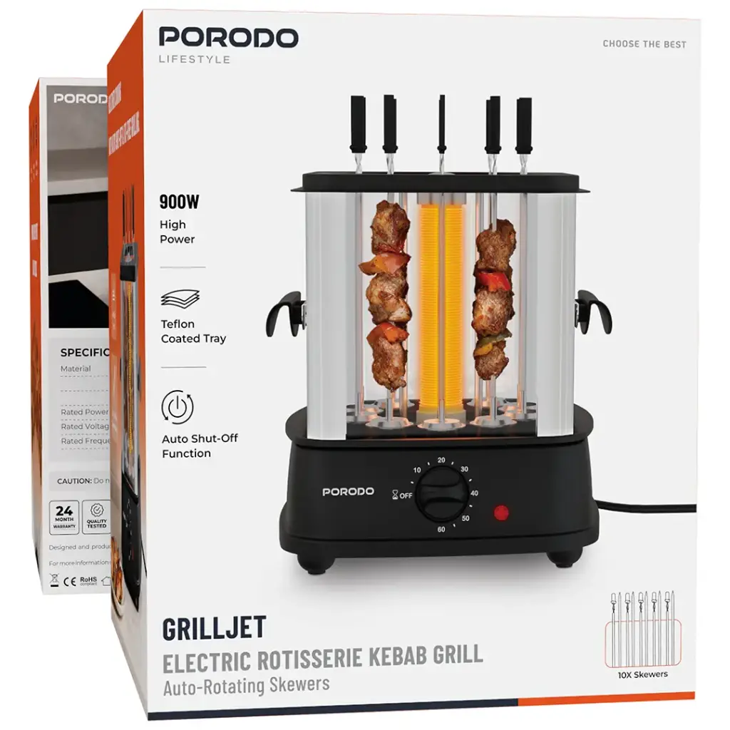 PORODO LIFESTYLE GRILLJET ELECTRIC ROTISSERIE KEBAB GRILL AUTO ROTATING SKEWERS BLACK PDLFSTL20BK thumbnail 3