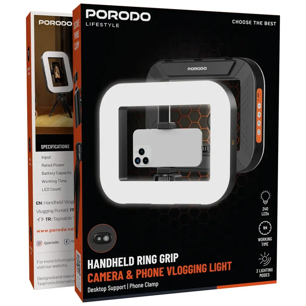 PORODO LIFESTYLE HANDHELD RING GRIP CAMERA & PHONE VLOGGING LIGHT DESKTOP SUPPORT/PHONE CLAMP BLACK PDLFST214BK thumbnail 7