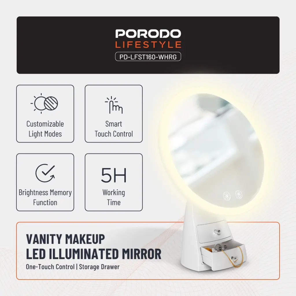 PORODO LIFESTYLE VANITY MAKEUP LED ILLUMINATED MIRROR PD-LFST160-WHRG thumbnail 3