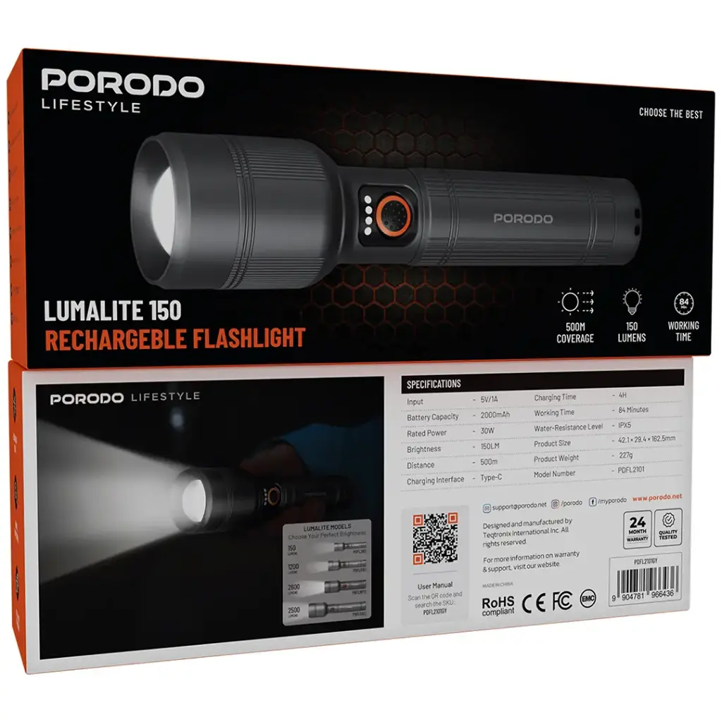 PORODO LIFESTYLE LUMALITE 150 RECHARGEBLE FLASHLIGHT GRAY PDFL2101GY thumbnail 5