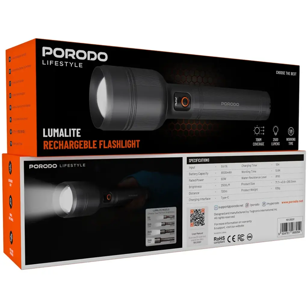 PORODO LIFESTYLE LUMALITE 2500 RECHARGEBLE FLASHLIGHT GRAY PDFL5102GY thumbnail 6