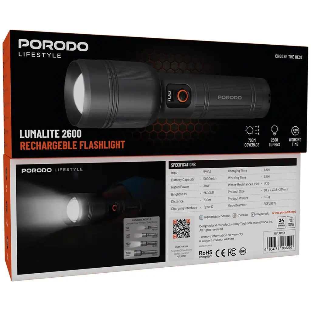 PORODO LIFESTYLE LUMALITE 2600 RECHARGEBLE FLASHLIGHT GRAY PDFL9972GY thumbnail 6