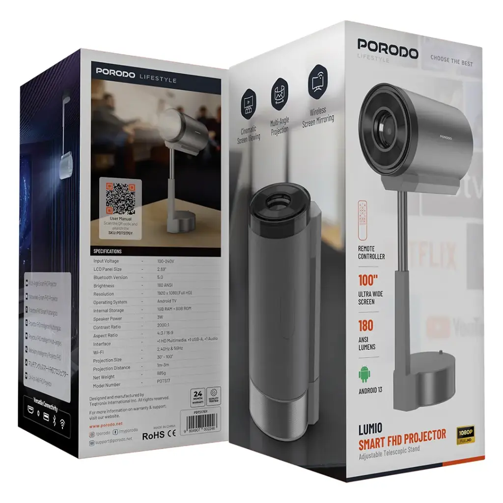 PORODO LUMIO SMART FHD PROJECTOR GREY PDTS17GY thumbnail 3