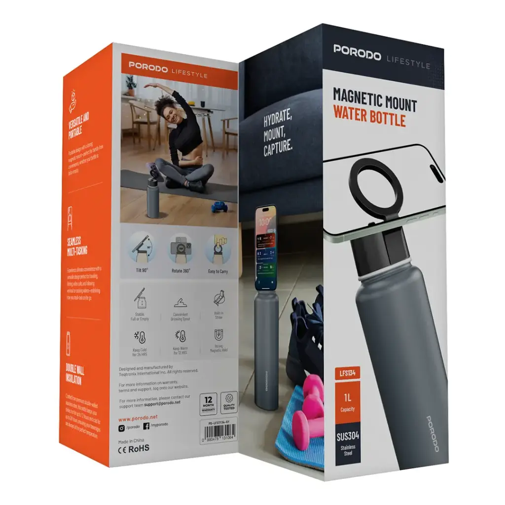 PORODO LIFESTYLE MAGNETIC MOUNT WATER BOTTLE GREY PD-LFST134-GY thumbnail 3