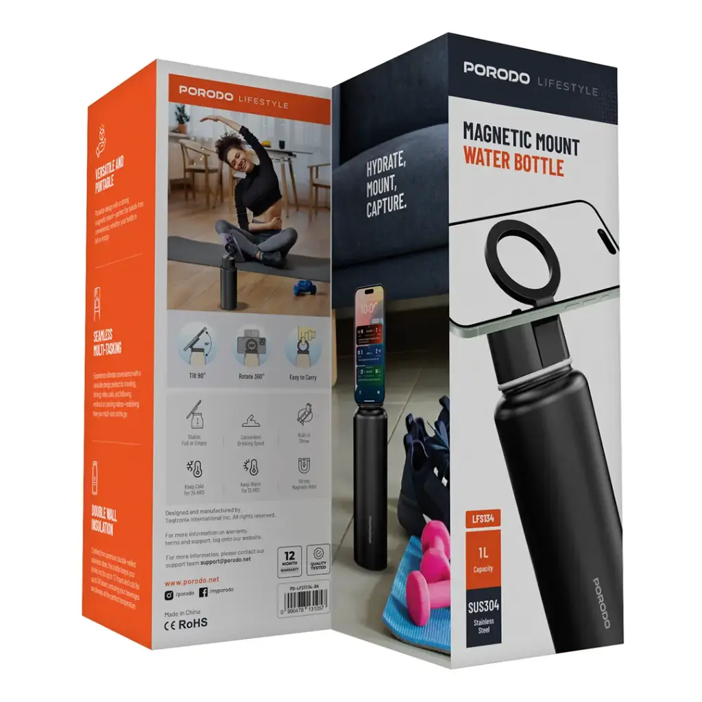 PORODO LIFESTYLE MAGNETIC MOUNT WATER BOTTLE BLACK PD-LFST134-BK thumbnail 3