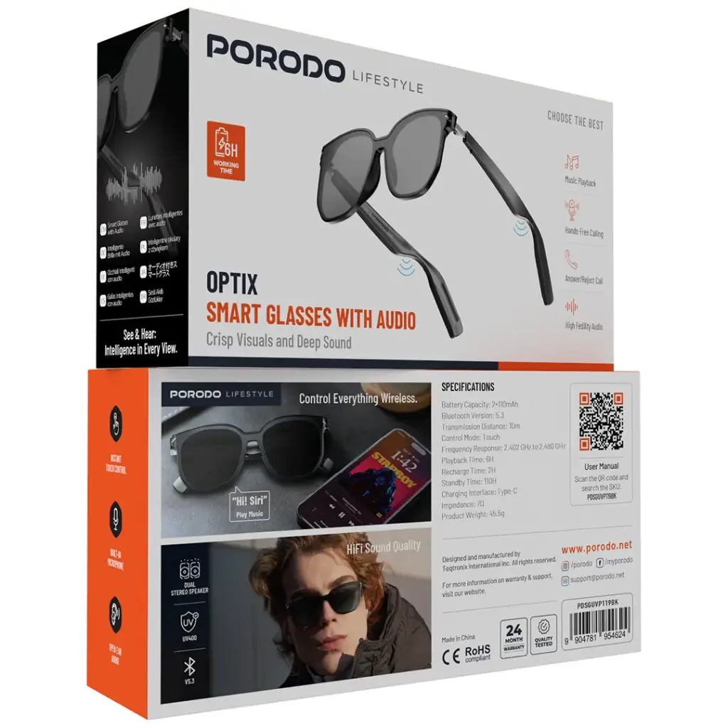 PORODO LIFESTYLE  OPTIX SMART GLASSESS WITH AUDIO BLACK PDSGUVP119BK thumbnail 2