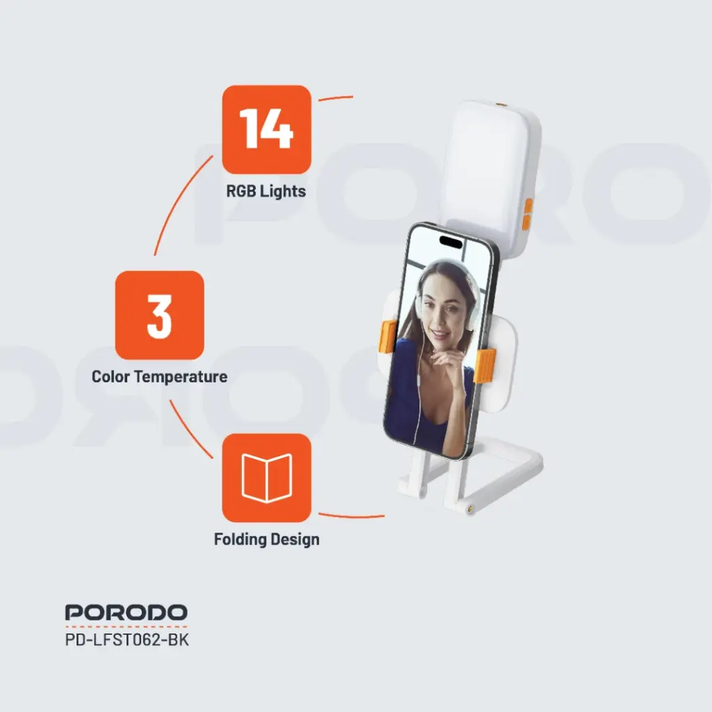 PORODO LIFESTYLE PHONE STAND WITH FILL LIGHT BLACK PD-LFST062-BK thumbnail 5