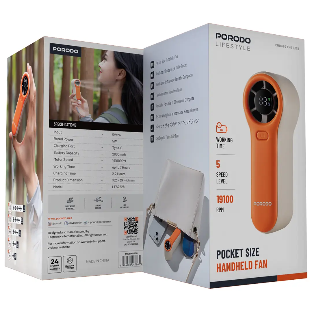 PORODO LIFESTYLE POCKET SIZE HANDHELD FAN WHITE ORANGE PDLSPF2228 thumbnail 2