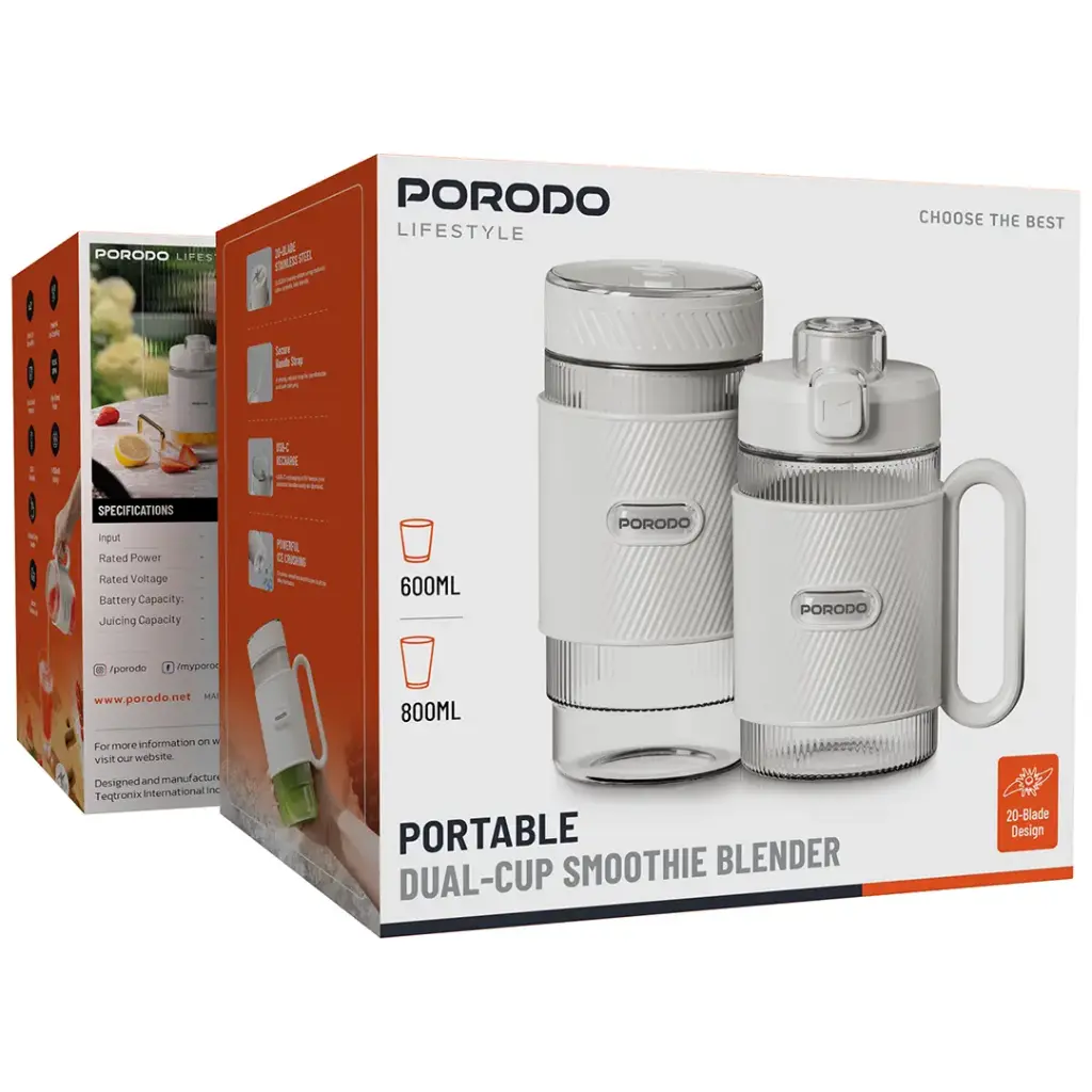 PORODO LIFESTYLE PORTABLE DUAL CUP SMOOTHIE BLENDER WHITE PDGCZ0710WH thumbnail 4
