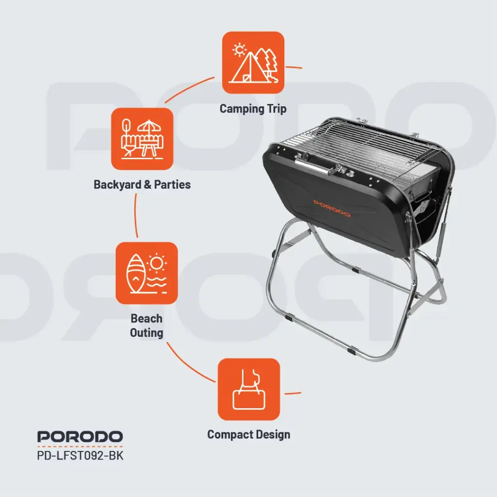 PORODO LIFESTYLE PORTABLE FOLDING SEATED BBQ GRILL BLACK thumbnail 2