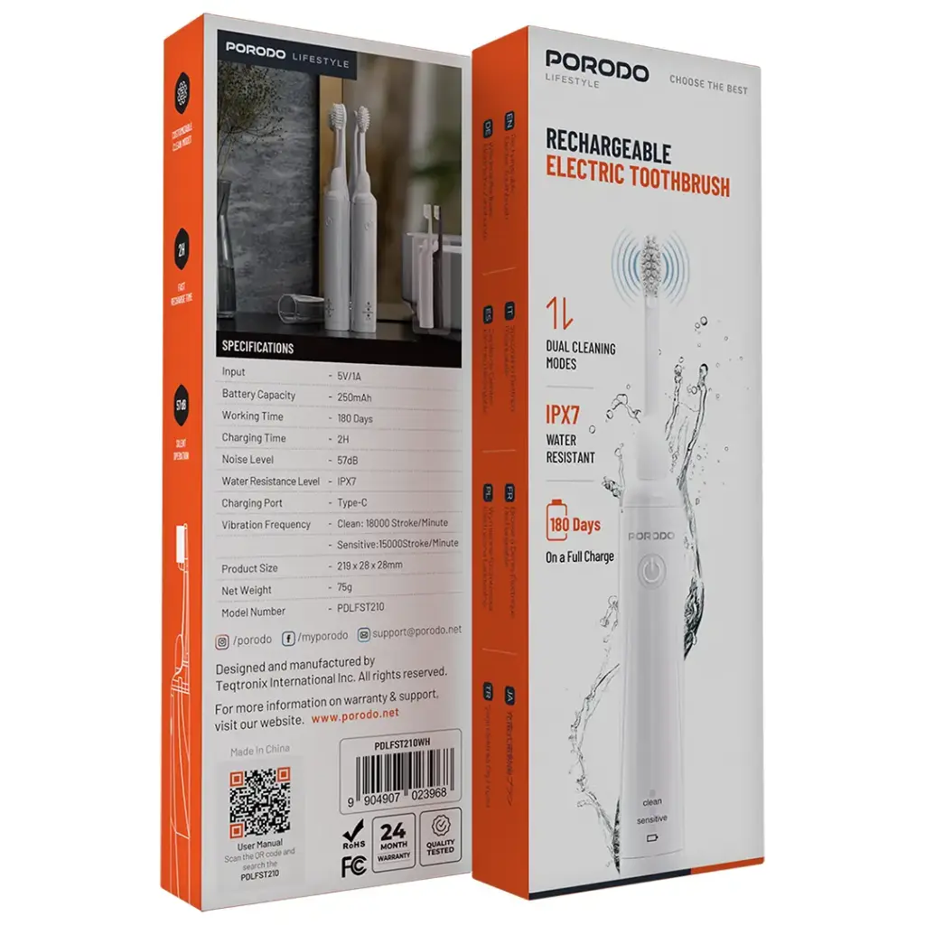 PORODO LIFESTYLE RECHARGEABLE ELECTRIC TOOTHBRUSH-WHITE-PDLFT210WH thumbnail 3