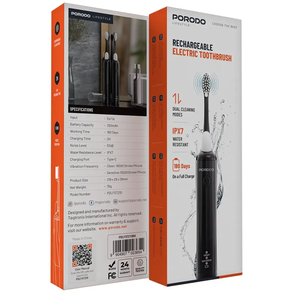 PORODO LIFESTYLE RECHARGEABLE ELECTRIC TOOTHBRUSH-BLACK-PDLFST210BK thumbnail 3