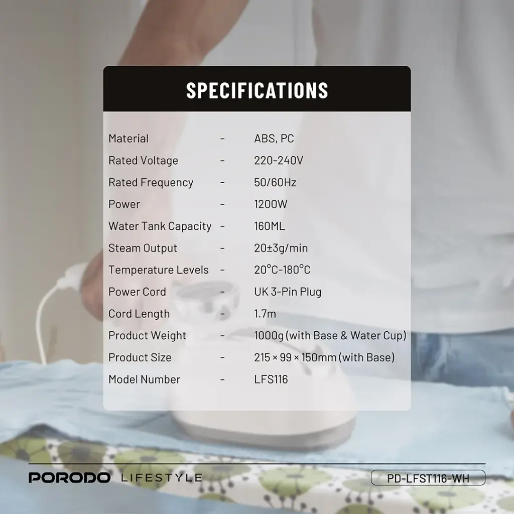 PORODO 1200W STEAM IRON WITH TRANSPARENT 160ML WATER TANK WHITE PDLFST116WH thumbnail 4