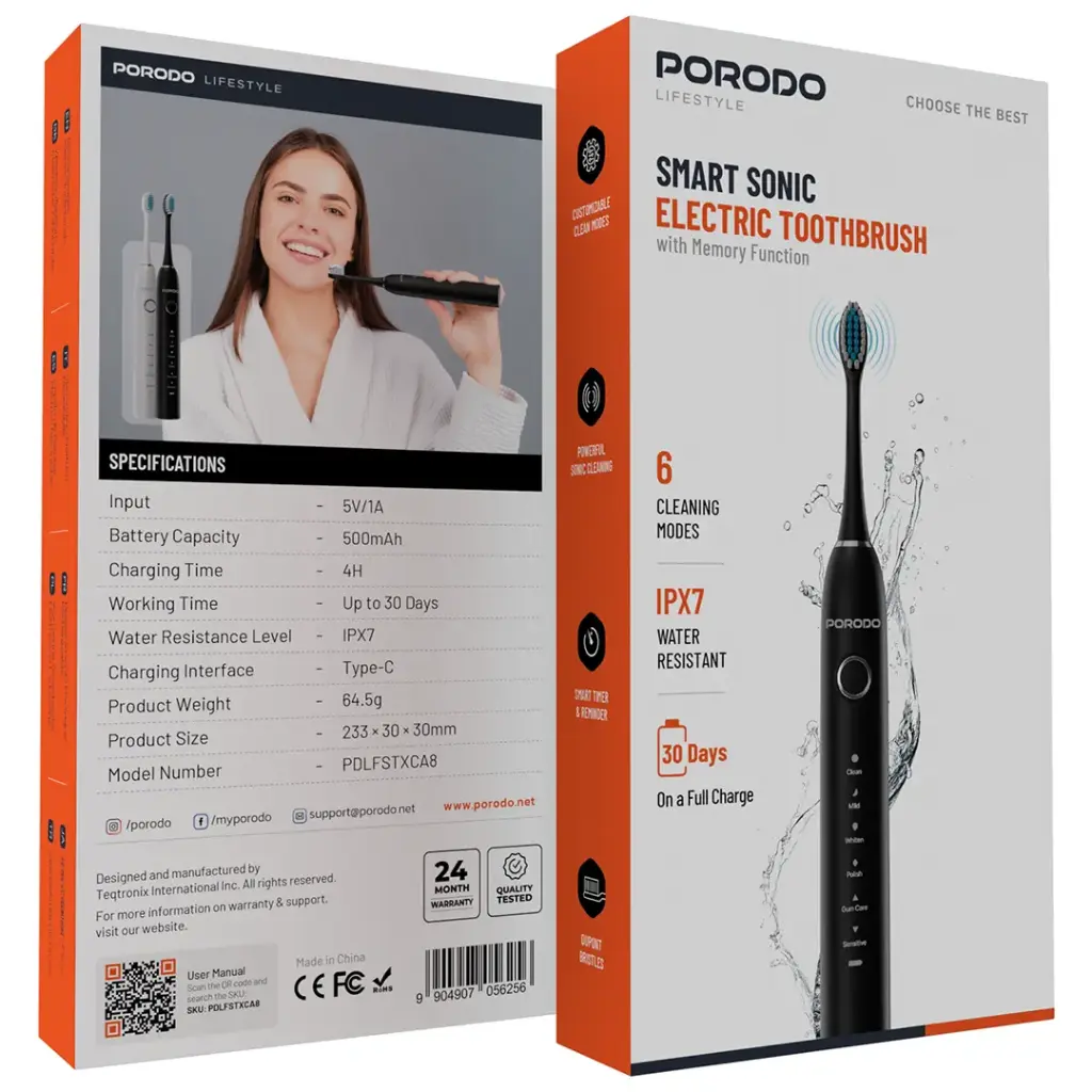PORODO LIFESTYLE SMART SONIC ELECTRIC TOOTHBRUSH BLACK PDLFSTXCA8BK thumbnail 2
