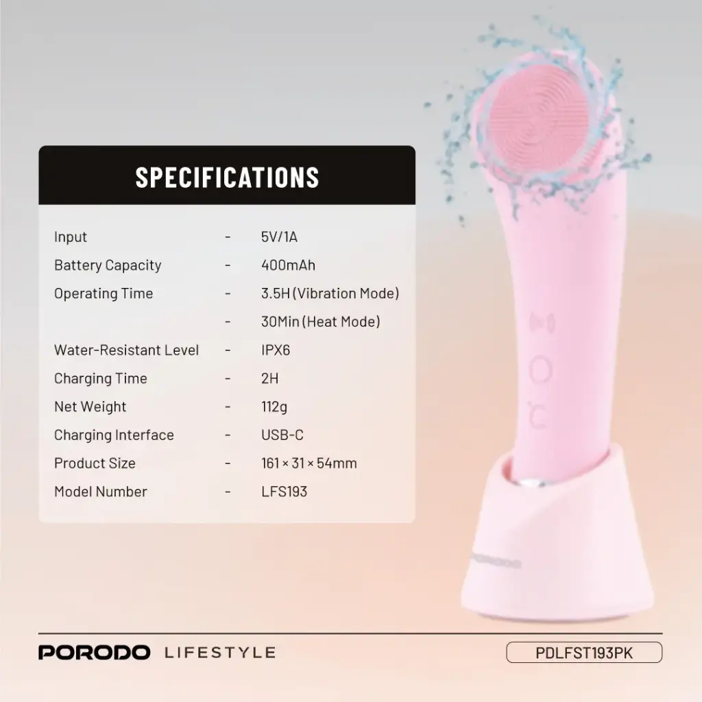 PORODO LIFESTYLE SONIC VIBRATION FACIAL CLEANING BRUSH PINK PDLFST193PK thumbnail 8
