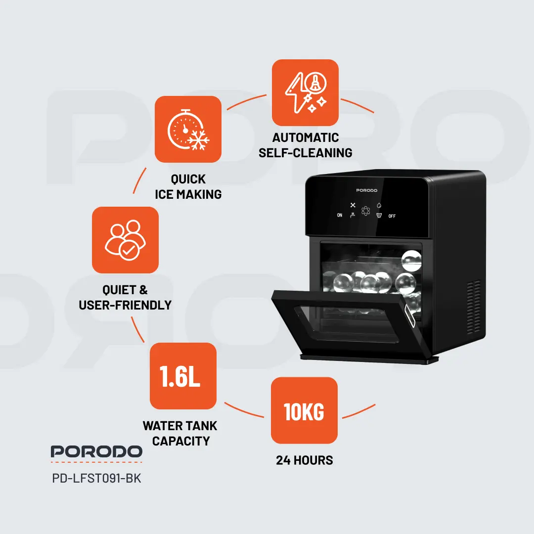 PORODO LIFESTYLE SPHERE SHAPED 260W DUAL SPHERE ICE MAKER 1.6L WITH LCD TOUCH DISPLAY BLACK PDLFST091BK thumbnail 2