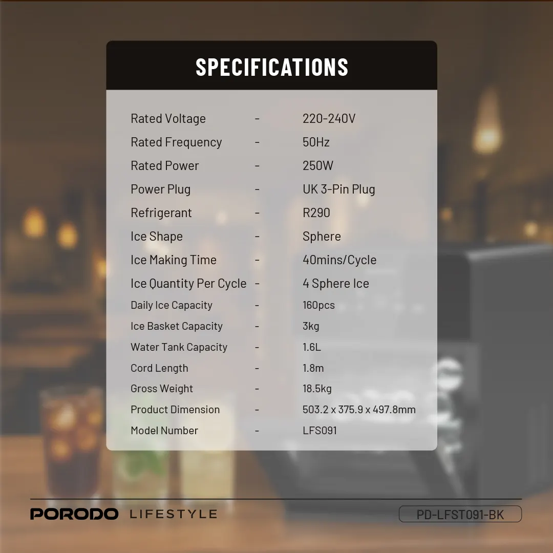 PORODO LIFESTYLE SPHERE SHAPED 260W DUAL SPHERE ICE MAKER 1.6L WITH LCD TOUCH DISPLAY BLACK PDLFST091BK thumbnail 10