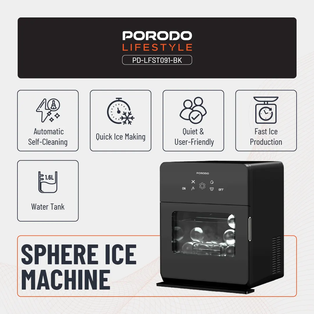 PORODO LIFESTYLE SPHERE SHAPED 260W DUAL SPHERE ICE MAKER 1.6L WITH LCD TOUCH DISPLAY BLACK PDLFST091BK thumbnail 8
