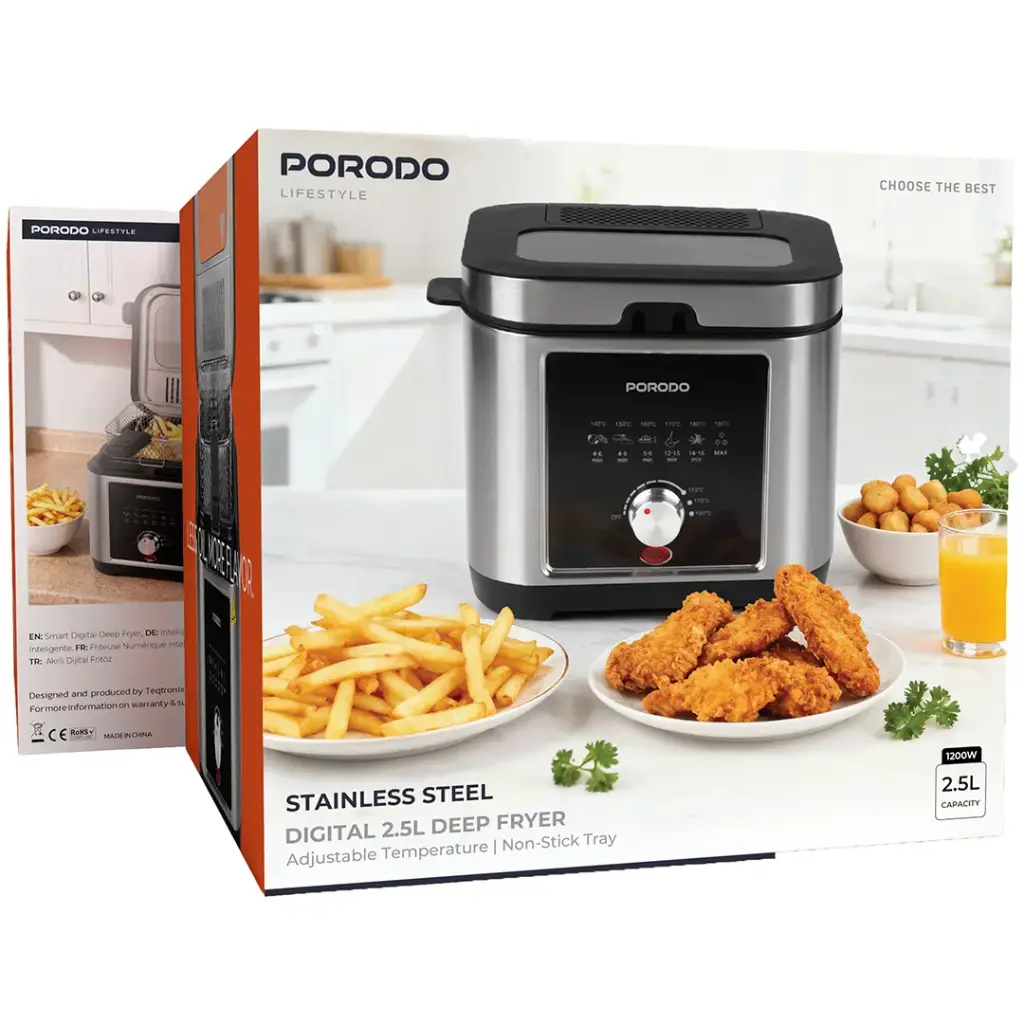 PORODO LIFESTYLE STAINLESS STEEL 2.5L DEEP FRYER ADJUSTABLE TEMPERATURE NON STICK TRAY SILVER PDLFSTED02FSL thumbnail 3