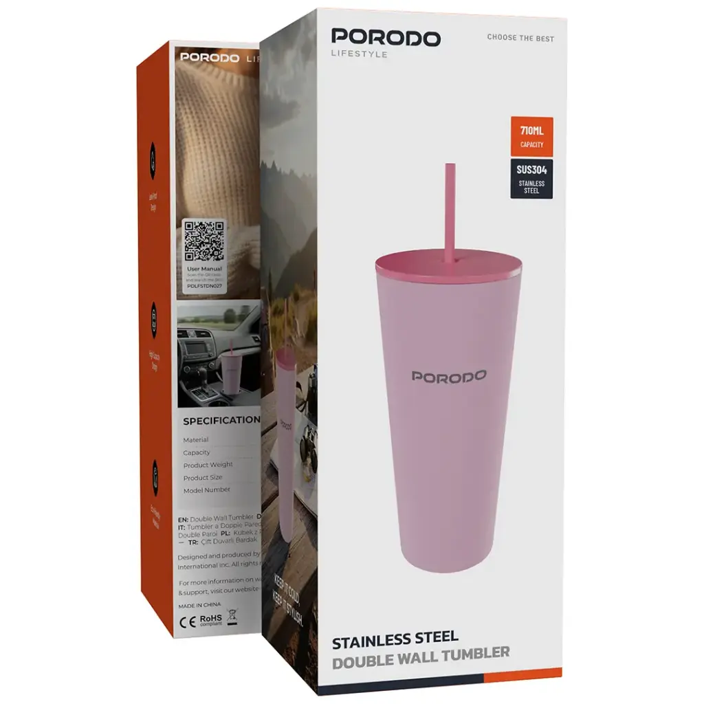 PORODO LIFESTYLE STAINLESS STEEL DOUBLE WALL TUMBLER PINK PDLFSTDN027PK thumbnail 2