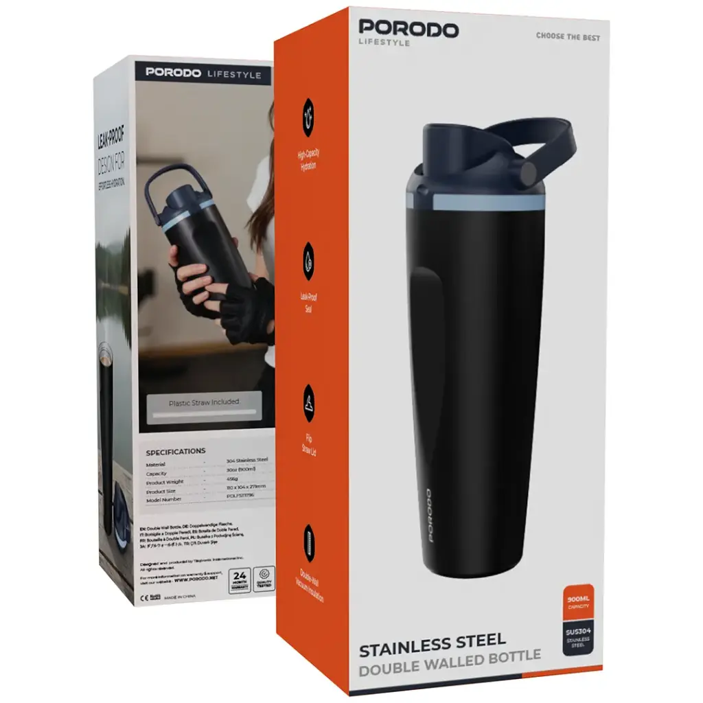 PORODO LIFESTYLE STAINLESS STEEL DOUBLE WALLED BOTTLE BLACK PDLFST1796BK thumbnail 4
