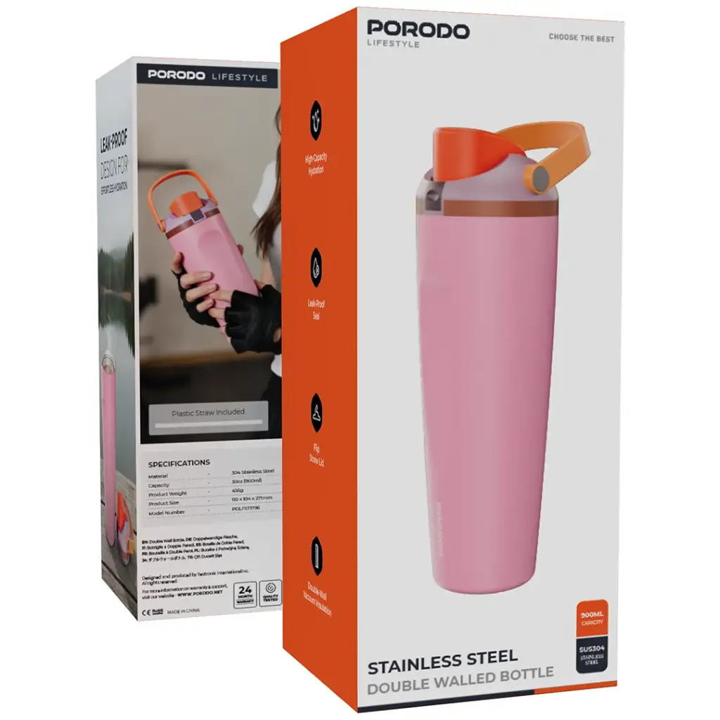 PORODO LIFESTYLE STAINLESS STEEL DOUBLE WALLED BOTTLE PINK PDLFST1796PK thumbnail 4