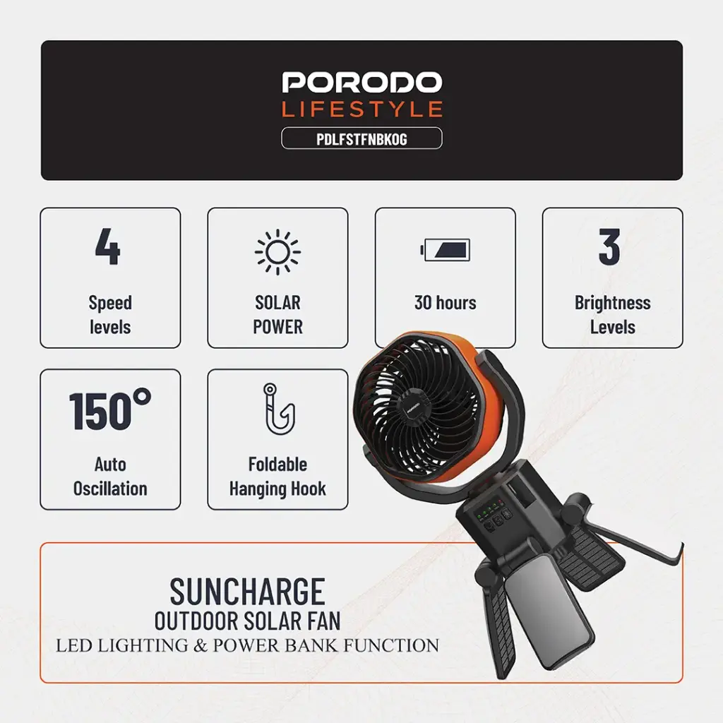 PORODO SUNCHARGE OUTDOOR SOLAR FAN BLACK ORANGE PDLFSTFNBKOG thumbnail 3
