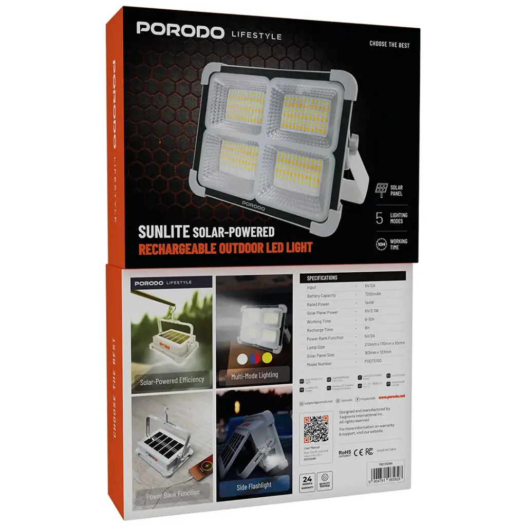 PORODO LIFESTYLE SUNLITE SOLAR POWERED RECHARGEABLE OUTDOOR LED LIGHT GRAY PDQTS100WH thumbnail 5