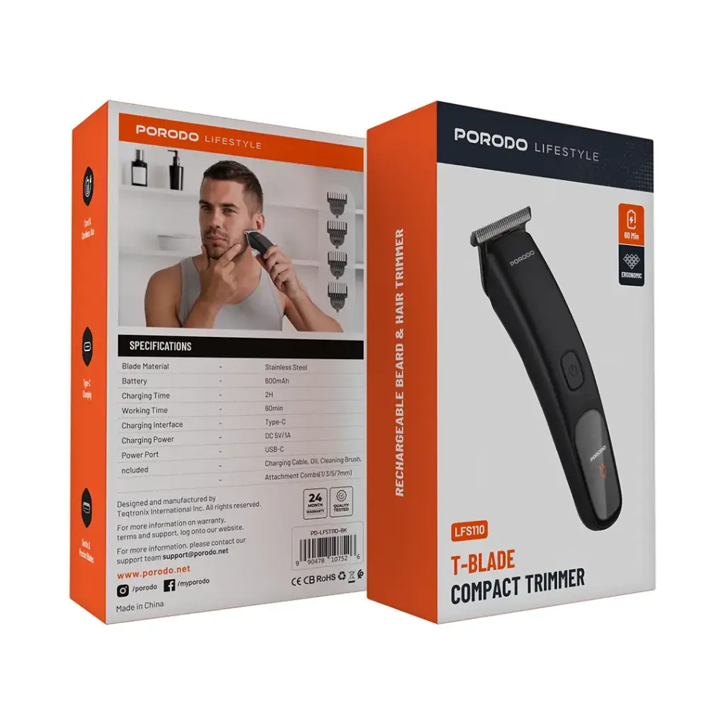 PORODO LIFESTYLE T-BLADE COMPACT TRIMMER 600MAH BLACK PDLFST110BK thumbnail 2