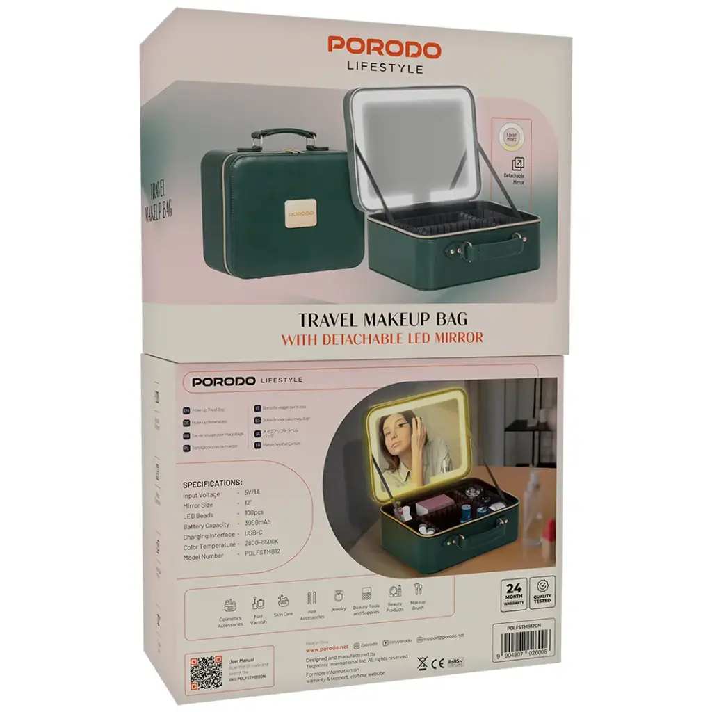 PORODO LIFESTYLE TRAVEL MAKEUP BAG WITH DETACHABLE LED MIRROR GREEN PDLFSTMB12GN thumbnail 4