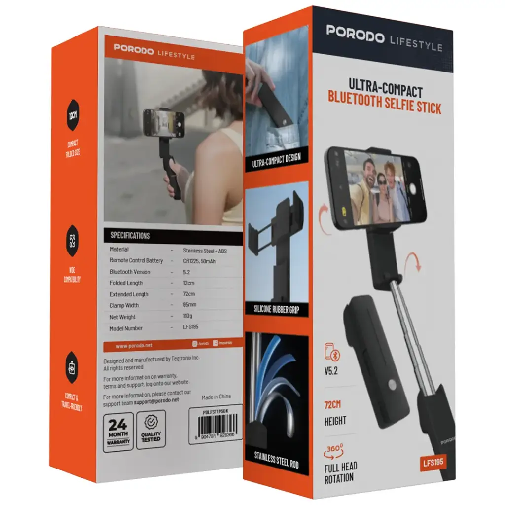PORODO LIFESTYLE ULTRA COMPACT BLUETOOTH SELFIE STICK PDLFST195BK thumbnail 3