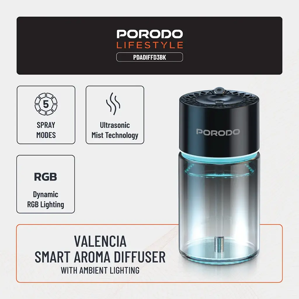 PORODO LIFESTYLE VALENCIA SMART AROMA DIFFUSER BLACK PDADIFFD3BK thumbnail 4