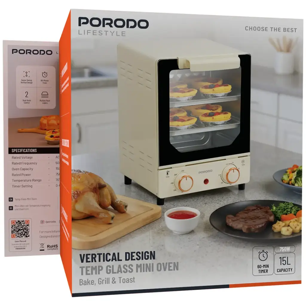 PORODO LIFESTYLE VERTICAL DESIGN TEMP GLASS MINI OVEN BAKE GRILL & TOAST WHITE PDM0KB15FWH