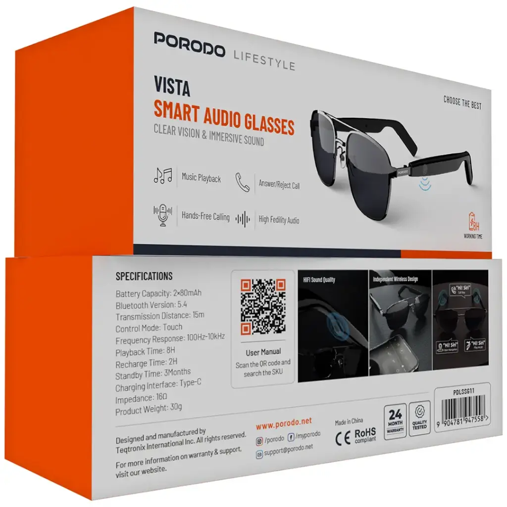 PORODO LIFESTYLE VISTA SMART AUDIO GLASSES BLACK PDLSSG11 thumbnail 2