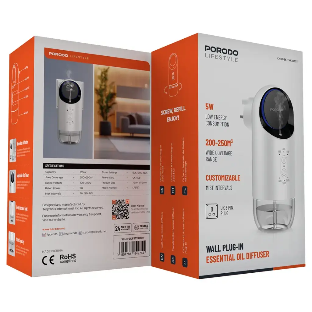 PORODO LIFESTYLE WALL PLUG IN ESSENTIAL OIL DIFFUSER WHITE PDLFST197WH thumbnail 4