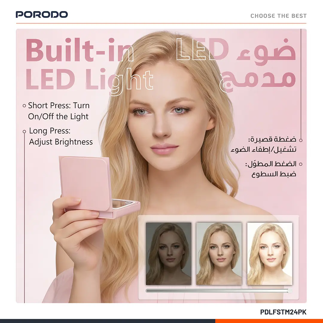 PORODO LILY LED PORTABLE TRI FOLD MAKEUP MIRROR PINK PDLFSTM24PK thumbnail 3