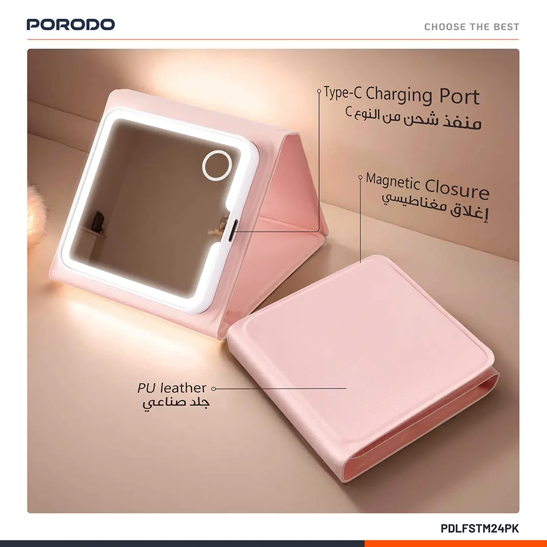 PORODO LILY LED PORTABLE TRI FOLD MAKEUP MIRROR PINK PDLFSTM24PK thumbnail 2