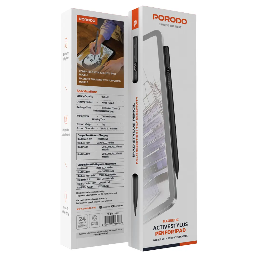 PORODO MAGNETIC ACTIVE STYLUS PEN FOR IPAD MODELS 2018-2025 WHITE PD-ETK13-WH thumbnail 2