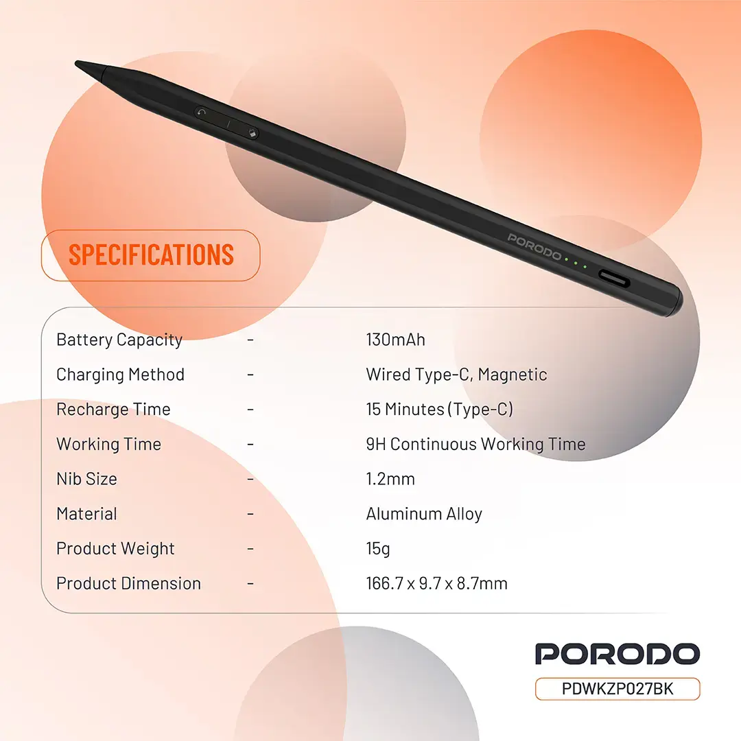 PORODO MAGNETIC STYLUS IPAD PEN COMPATIBLE WITH 2018-2025 MODELS BLACK PDWKZP027BK thumbnail 4
