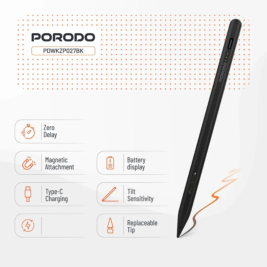 PORODO MAGNETIC STYLUS IPAD PEN COMPATIBLE WITH 2018-2025 MODELS BLACK PDWKZP027BK thumbnail 5