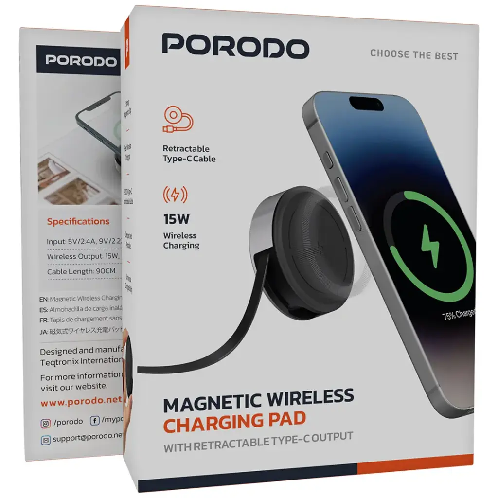 PORODO MAGNETIC WIRELESS CHARGING PAD WITH RETRACTABLE TYPE C CABLE BLACK PDETK22BK thumbnail 4