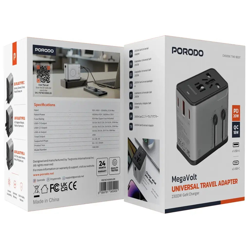 PORODO MEGA VOLT UNIVERSAL TRAVEL ADAPTER SILVER BLACK PDFWCH088SLBK thumbnail 7