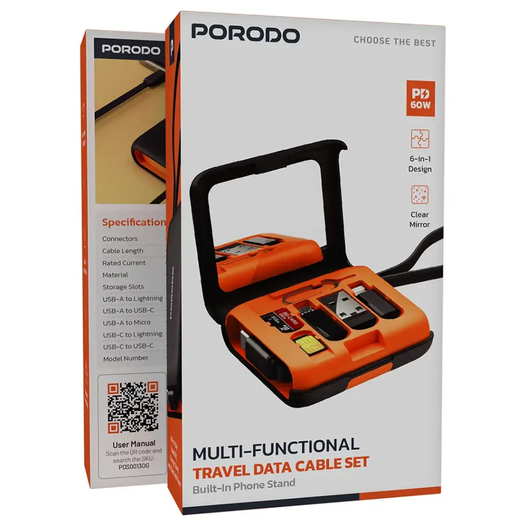 PORODO MULTI FUNCTIONAL TRAVEL DATA CABLE SET ORANGE PDS0013OG thumbnail 3