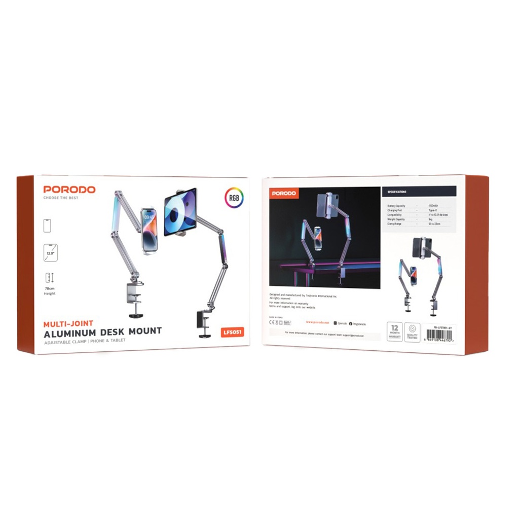 PORODO MULTI JOINT ALUMINIUM DESK MOUNT WITH ADJUSTABLE CLAMP GREY PD-LFST051-GY thumbnail 3