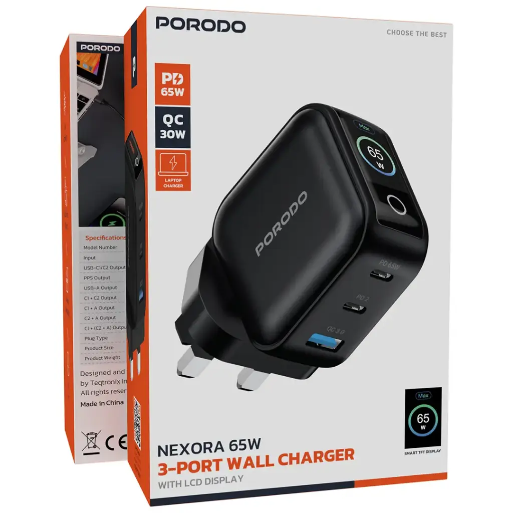 PORODO NEXORA 100W 3 PORT WALL CHARGER WITH LCD DISPLAY BLACK PDWCP5010BK thumbnail 2