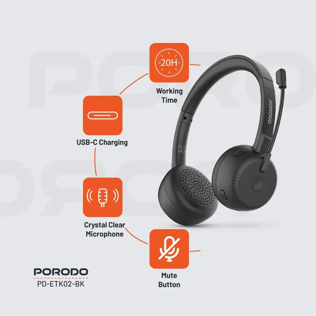 PORODO OFFICE WIRELESS HEADSET BLACK PD-ETK02-BK thumbnail 2