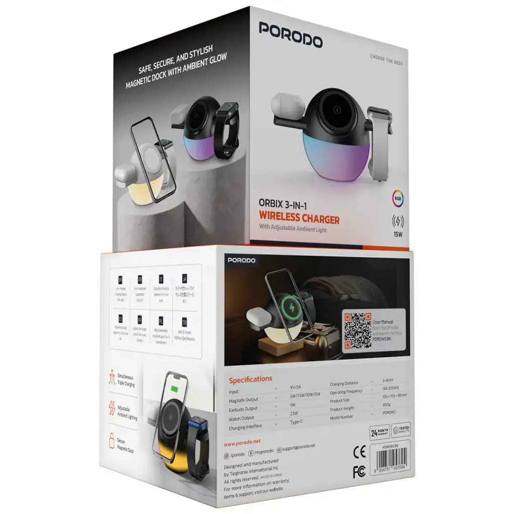 PORODO ORBIX 3 IN 1 WIRELESS CHARGER WITH ADJUSTABLE AMBIENT LIGHT BLACK PDMSWCBK thumbnail 3