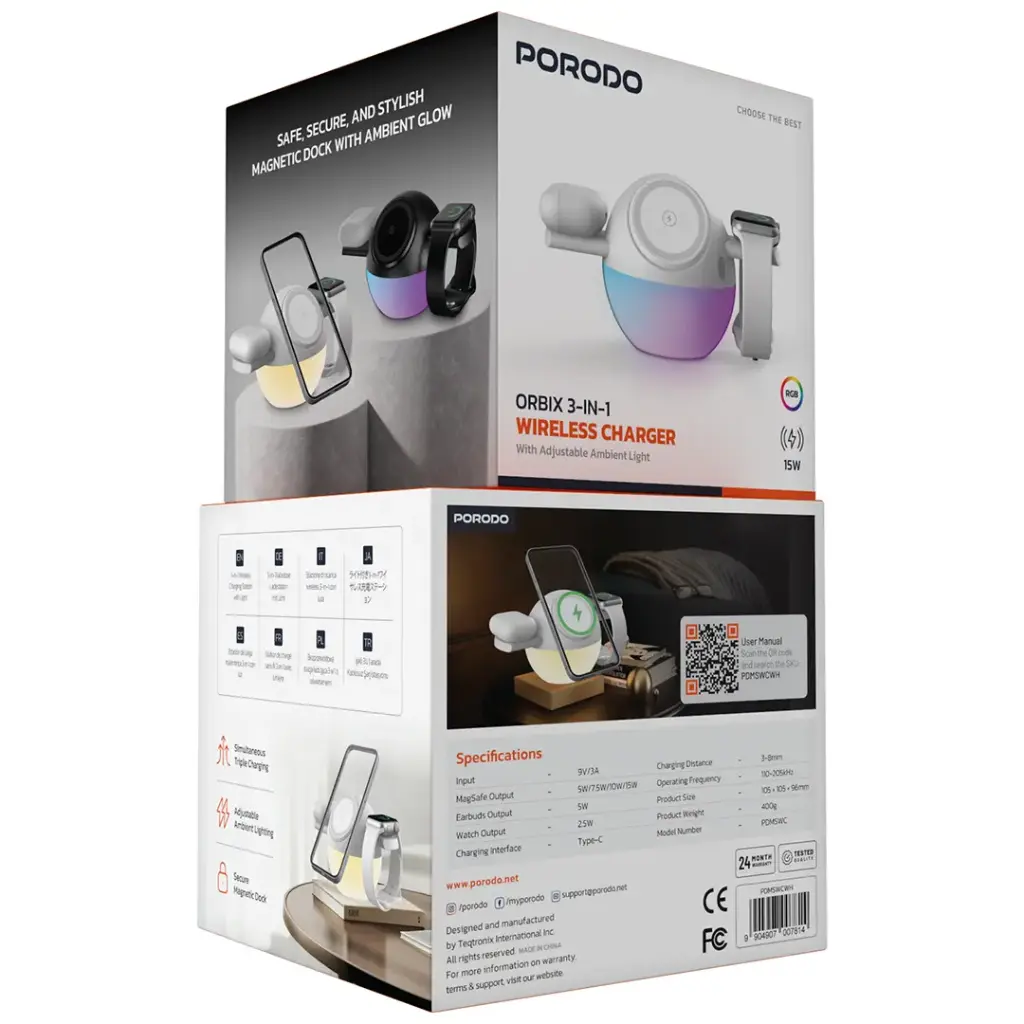 PORODO ORBIX 3 IN 1 WIRELESS CHARGER WITH ADJUSTABLE AMBIENT LIGHT WHITE PDMSWCWH thumbnail 3