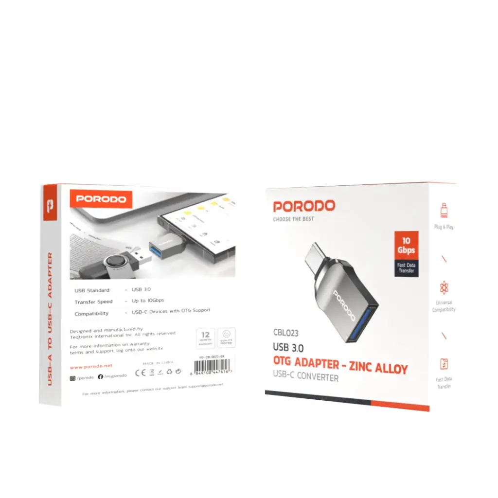 PORODO USB 3.0 USB C CONVERTER OTG ADAPTER ZINC ALLOY PS-CBL0023-BK thumbnail 2